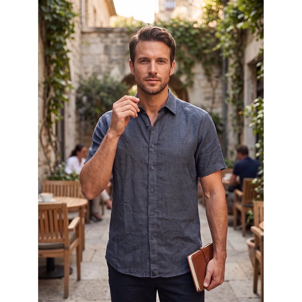 Coastal UNTUCKit Araujo WR Short Sleeve 100% Linen Button Down Shirt Large Navy